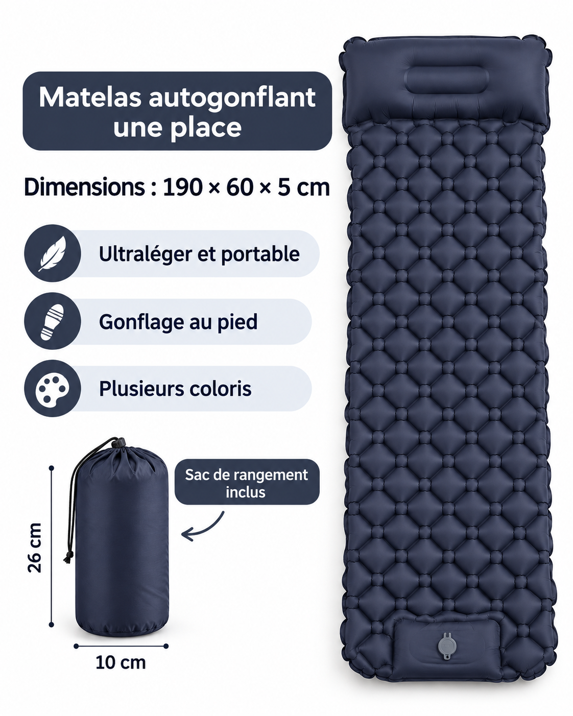 Traileno AirPad – Matelas de Camping 1 place avec Pompe Intégrée