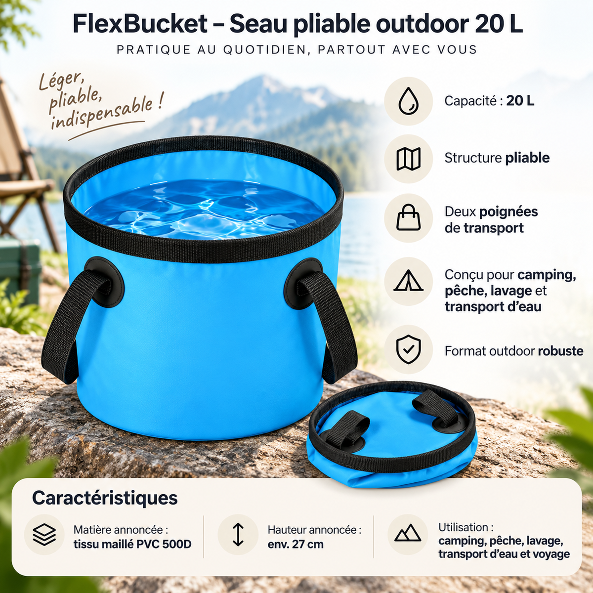 Seau pliable 20 L – Camping, pêche & outdoor
